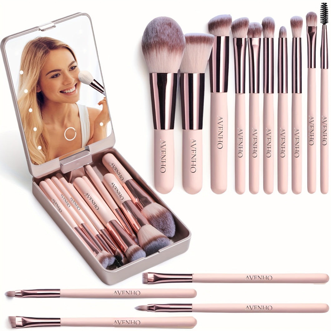 14pc Travel Brush Set with LED Light Mirror