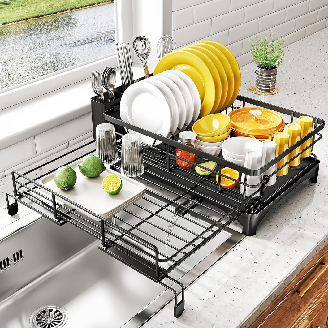 Expandable 2-in-1 Black Metal Dish Drying Rack